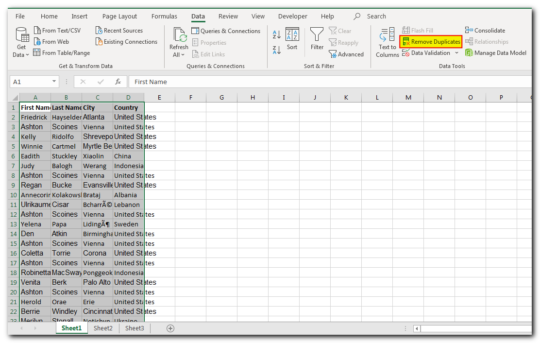 excel formula to remove duplicates from an array