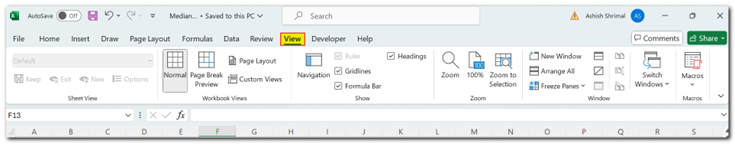 Excel Desktop view menu