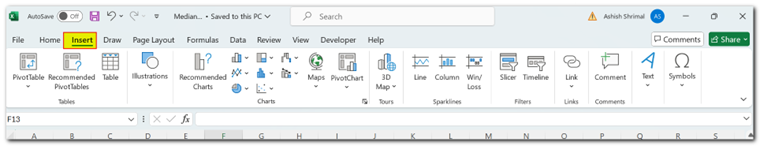 Excel Desktop Insert Menu