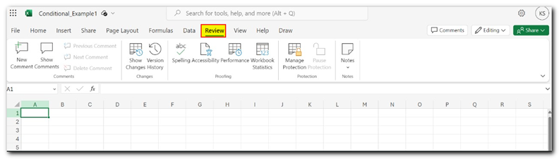 Excel Online Review Menu