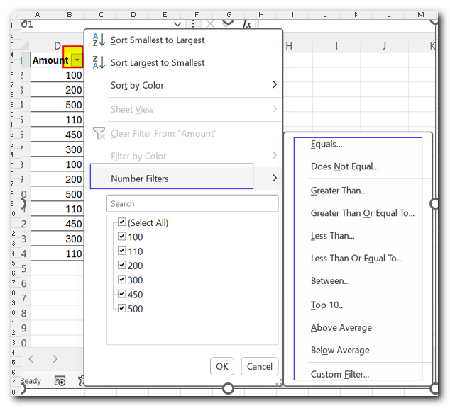 Number Filter Menu