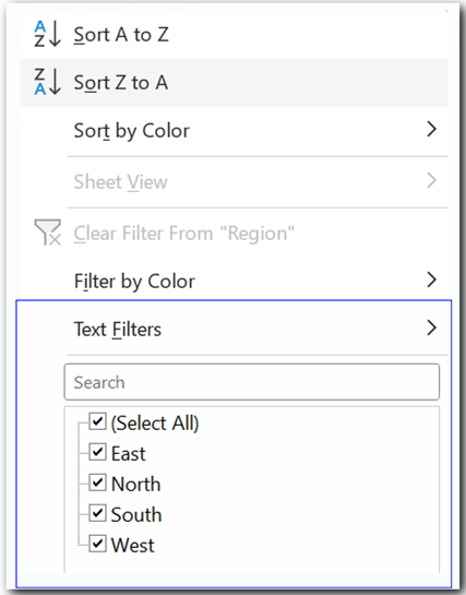 Text Filter menu