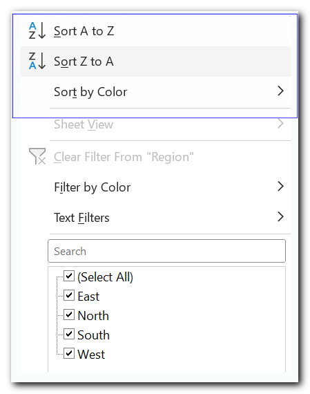 Sort Filter Menu