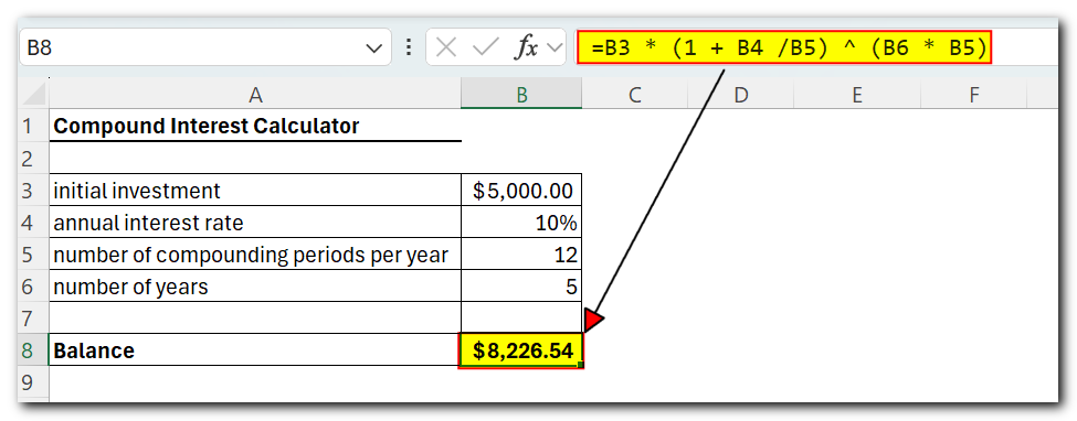 Compound interest formula for Excel