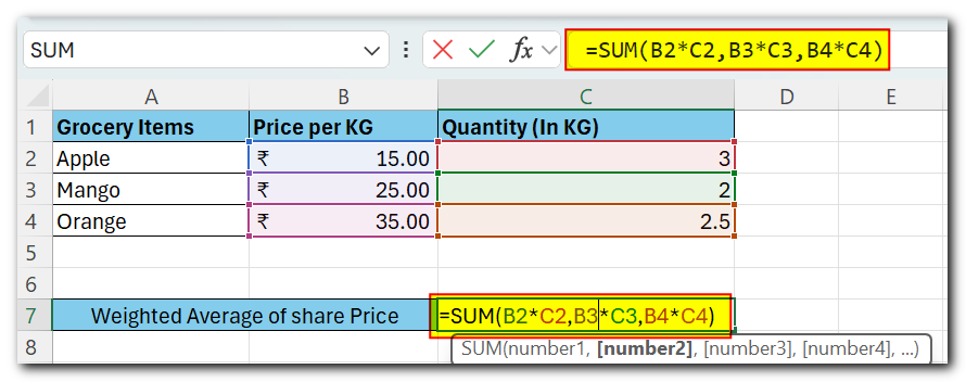 Formula of weighted average