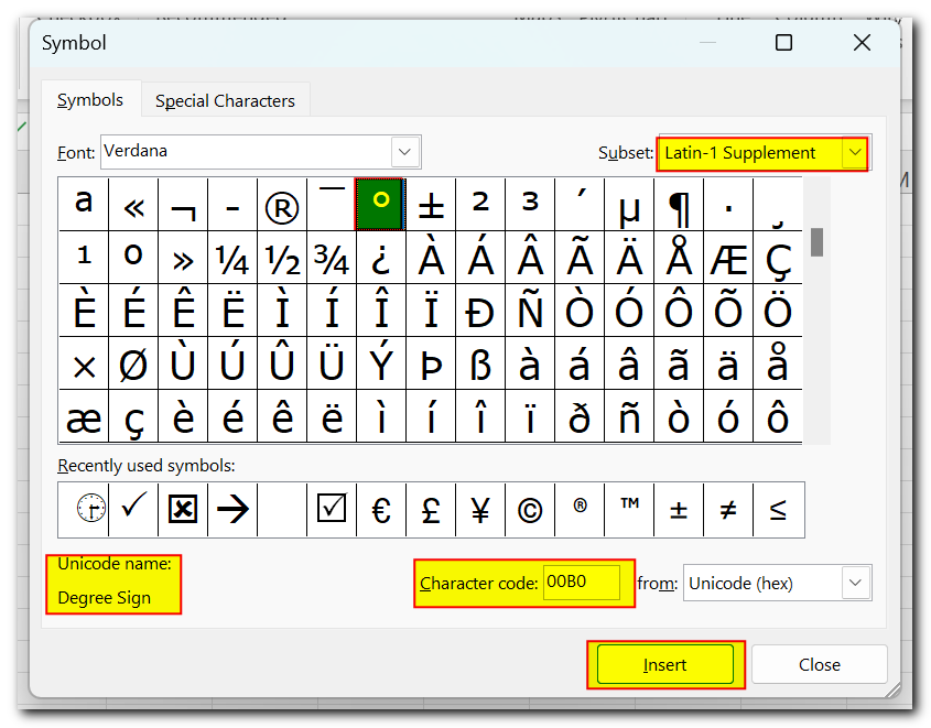 How to Insert DEGREE Symbol in Excel