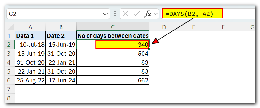 Count days between dates with Excel DAYS function