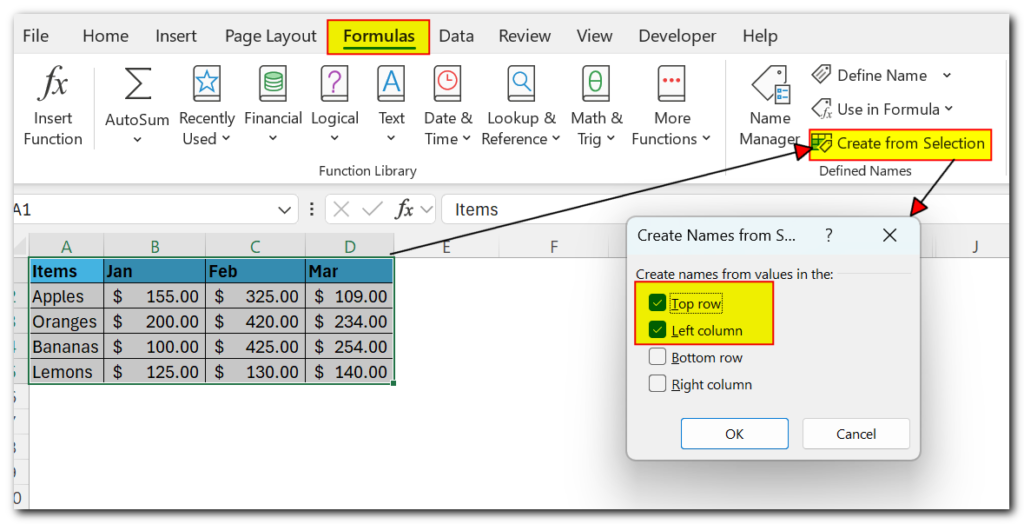 How to name columns in Excel (names from selection)