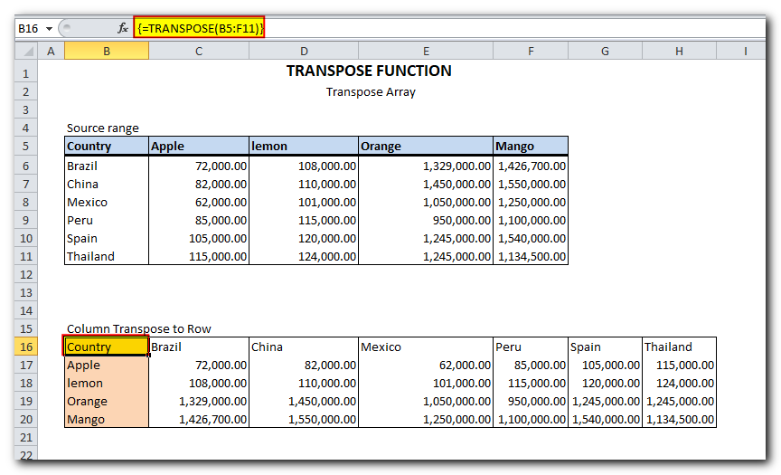 Excel TRANSPOSE function