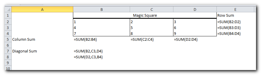 Excel Solver example 1 (magic square)