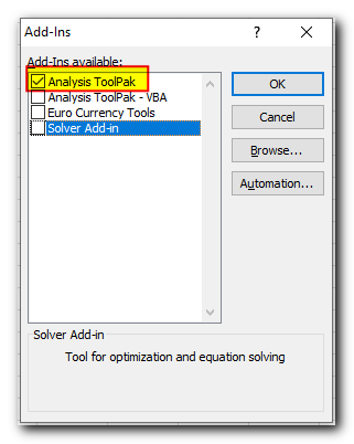 check the Analysis ToolPak box