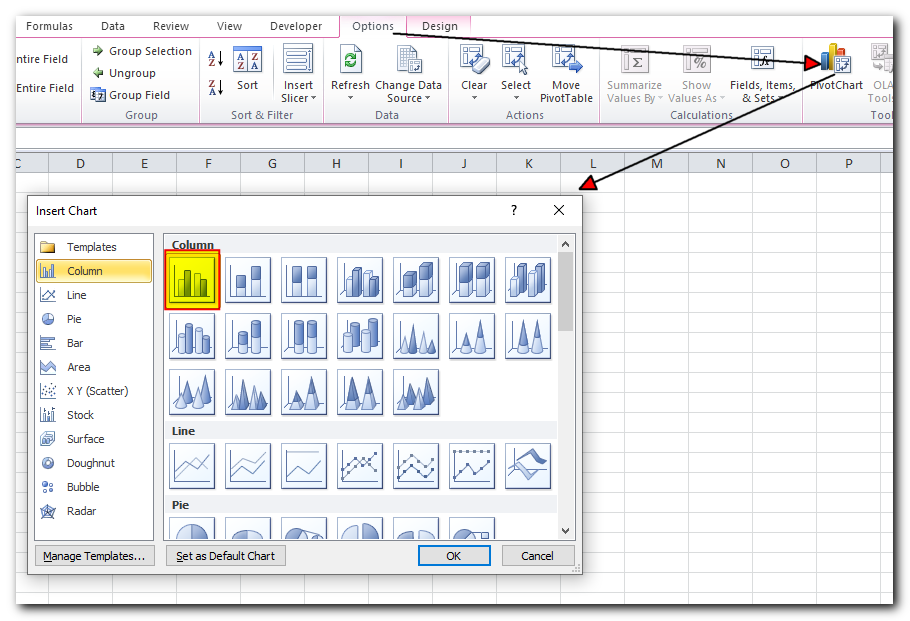 One last step is to create the histogram. To do this, just create a column pivot chart by clicking PivotChart in the Analyze tab under the PivotTable Tools group.