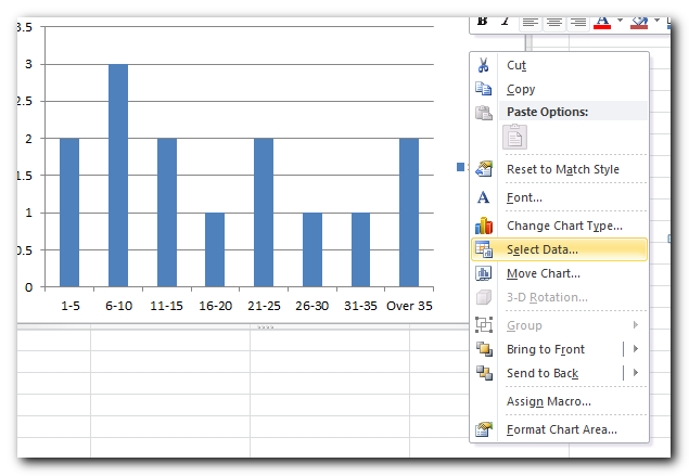 axis labels on an Excel histogram chart