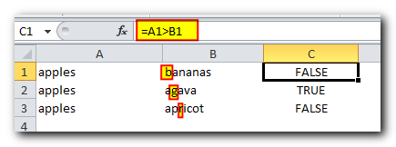 Using Excel comparison operators with text values