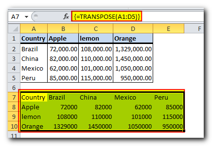 Complete the TRANSPOSE formula