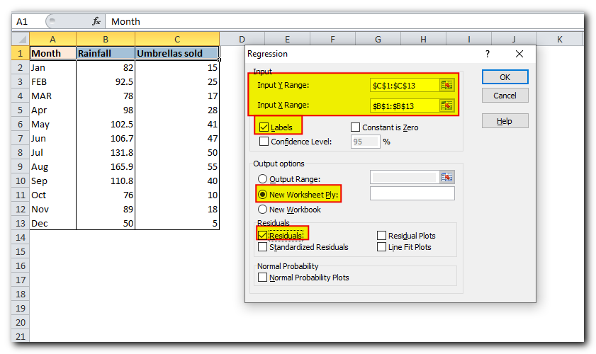 Linear regression analysis in Excel