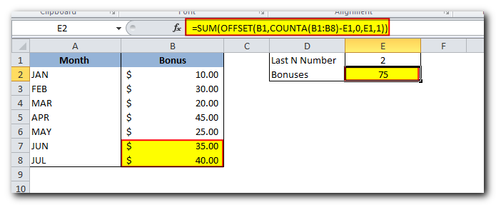 Example 2 sum offset function