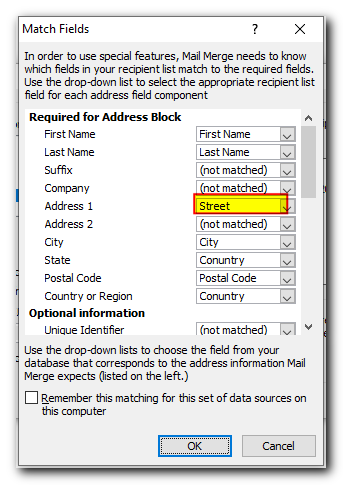 In the screenshot below, we've matched the Street column from our Excel source data file to the Address 1: