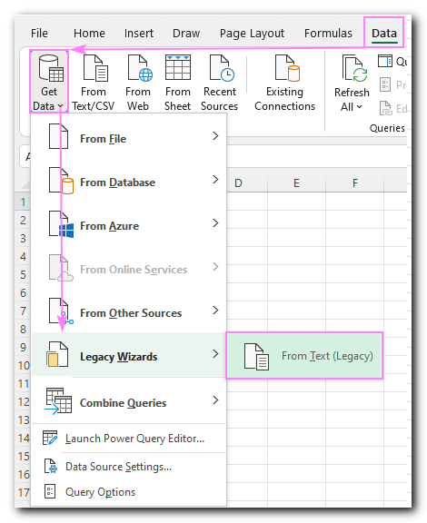 go to the Data tab > Get External Data group