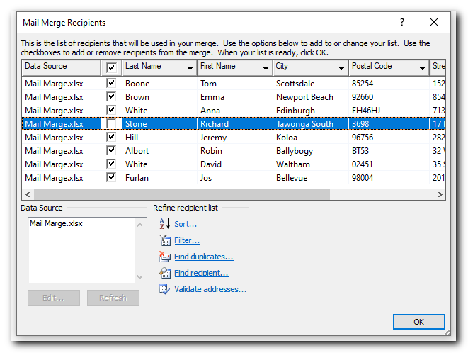 The Mail Merge Recipients dialog pops up