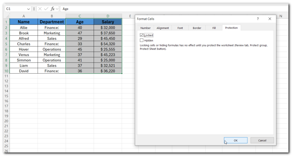 22.9 lock column in excel