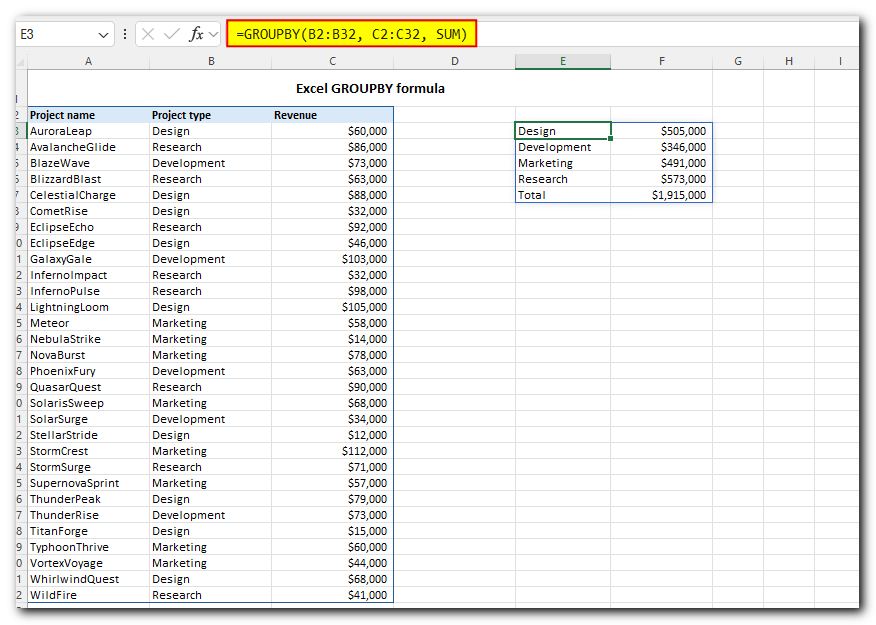 Basic Excel GROUPBY formula