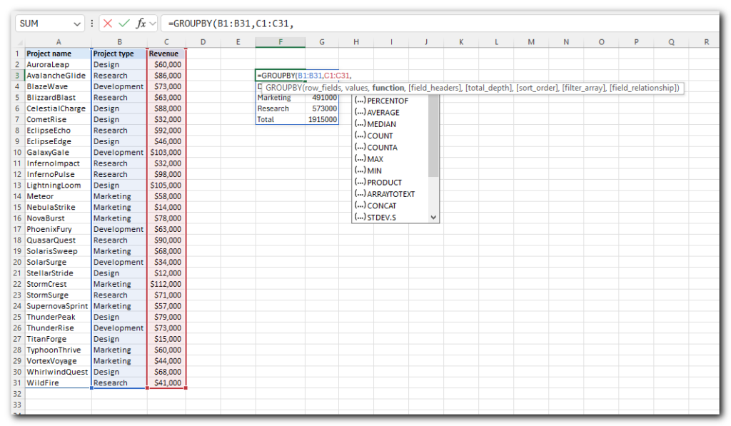 Choose aggregation function