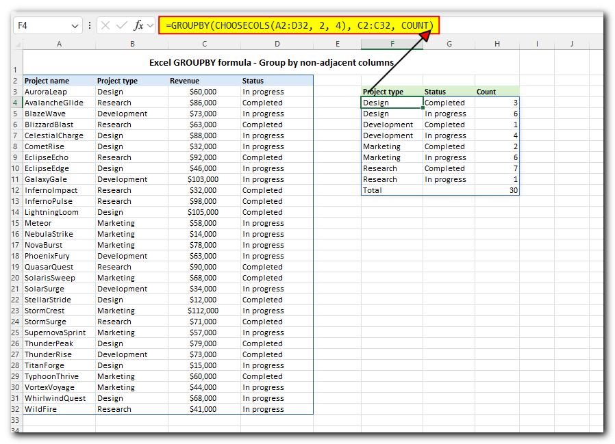 Excel GROUPBY function to group rows and aggregate values