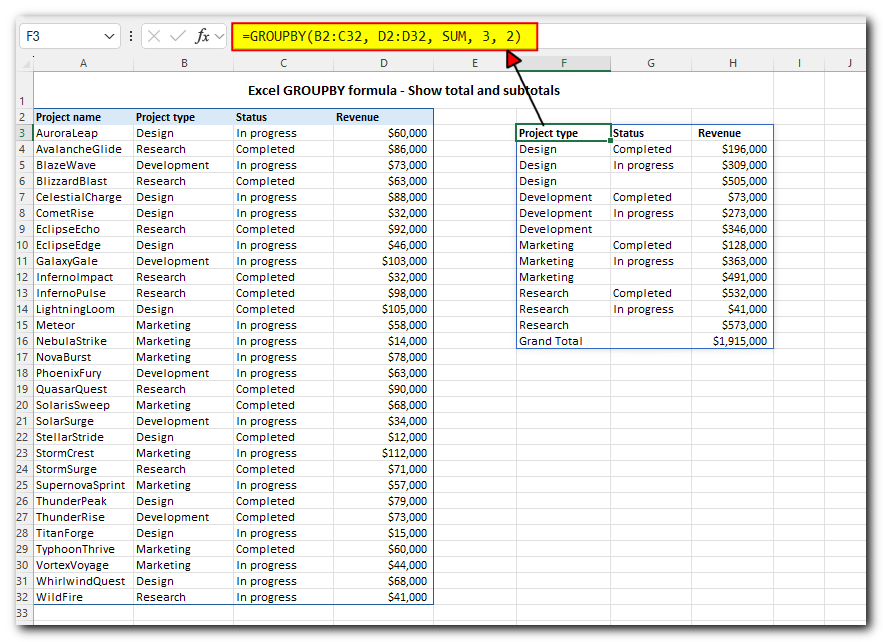 Excel GROUPBY function to group rows and aggregate values