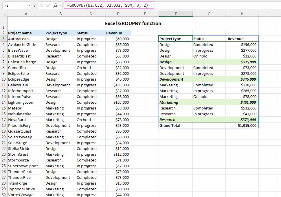 Excel Groupby Function