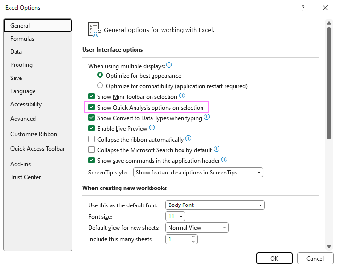 How to enable / disable Quick Analysis tool in Excel?