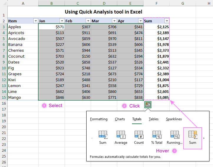 Excel Quick Analysis tool with examples