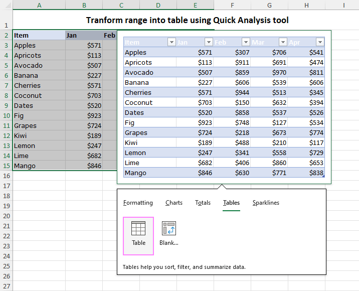 Change a regular range into Excel table